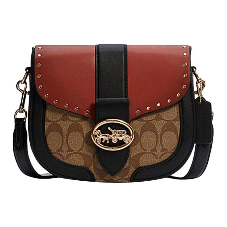 COACH Georgie Leather Saddle Bag, Shoulder Bag, Crossbody Bag Small Women's Black & Red Brown C3593-IMRL7