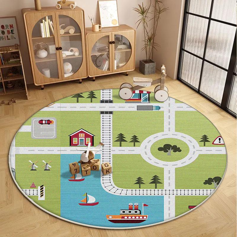 Children's Round Living Room Carpet Short Velvet Fluffy Soft Bedroom Decoration Rug Cartoon Traffic Road Play Floor Mat Antiskid