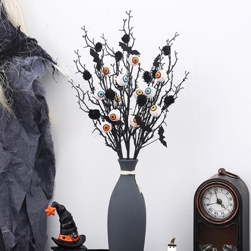 Halloween Decoration Artificial Flower Stem with Realistic Leaf Pinecones Bat Eyeballs for Halloween Table Centerpieces