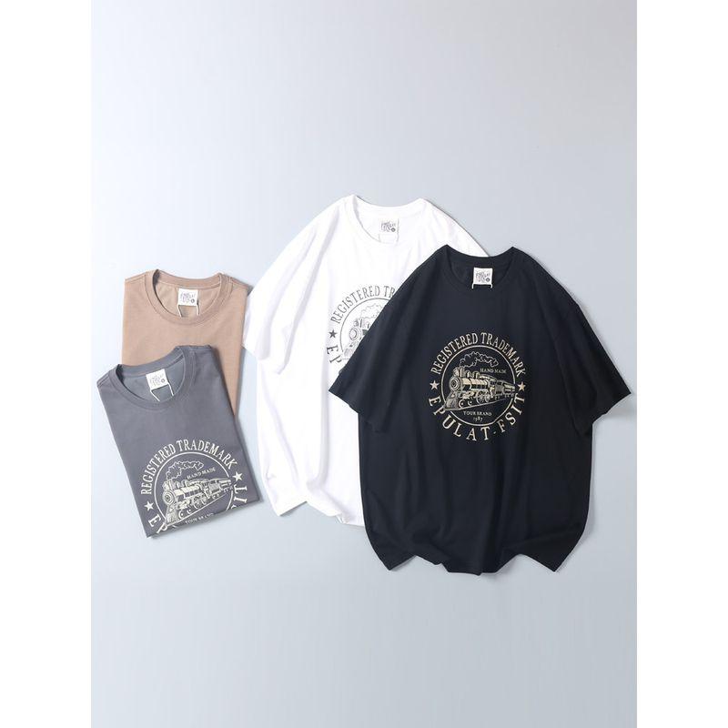 Vintage Locomotive Print Short-Sleeve T-Shirt for Summer, Men's Export Surplus Casual Round-Neck Base Shirt