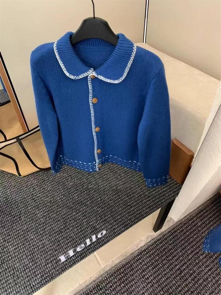 Women's Korean Sweet Style Color Block Cardigan - Turn-Down Collar, Slimming, Single-Breasted Knitted Sweater for Spring/Autumn