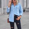 Women's Winter Vintage Classic Wide Long Sleeve Thin Loose Pocket Denim Shirt Coat