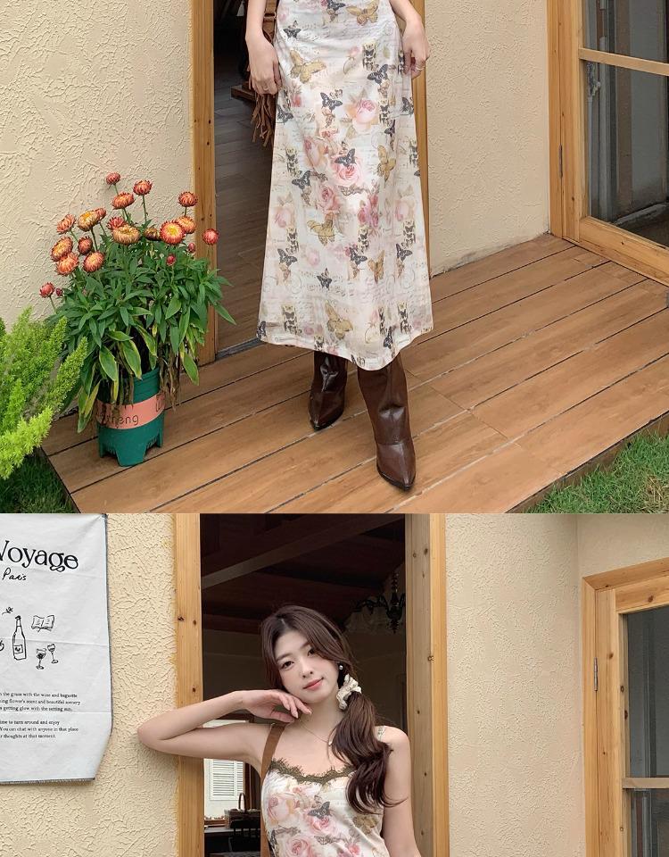 Butterfly Floral French Camisole Dress: V-Neck, Slim Fit, Cinched Waist, Bodycon Long Dress - Perfect for Summer Vacation.