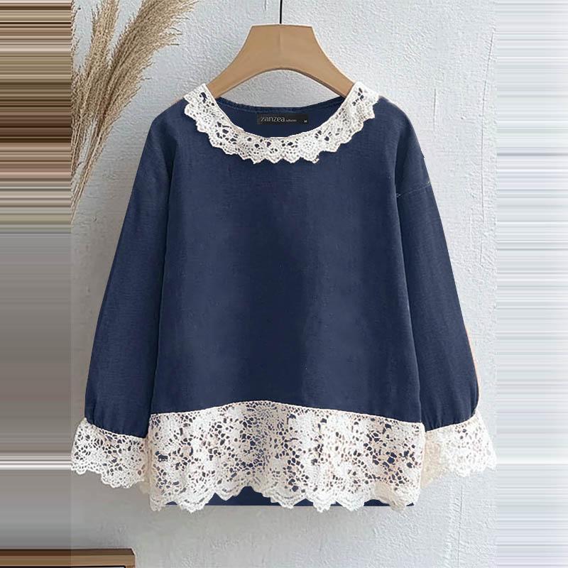 ZANZEA Women Fashion Round Neck Long Sleeve Lace Contrast Color Blouses