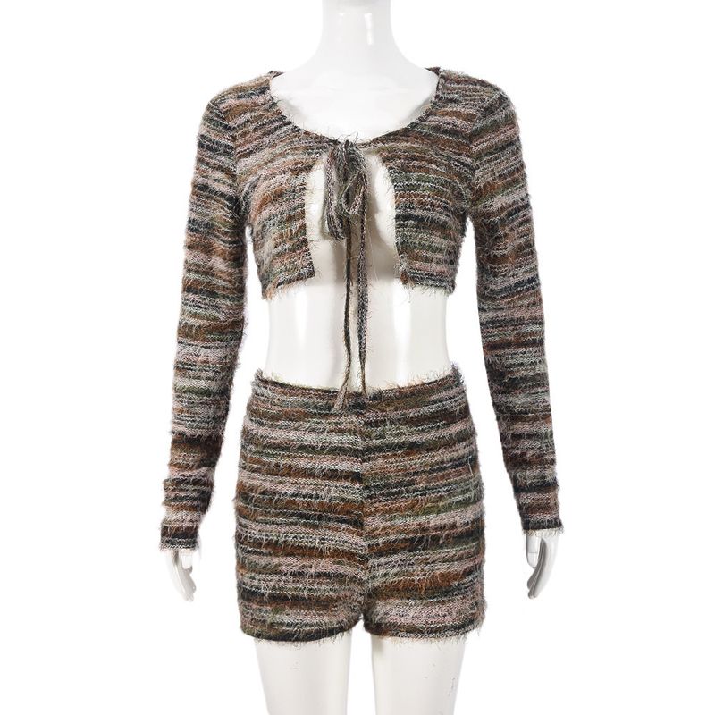 

Трансграничная женская одежда Осень и зима Хвоя сосны Волосы Мода Кроп-топ Вырез на бретелях Модный Короткая доставка Длинный рукав Костюм-двойка Green S