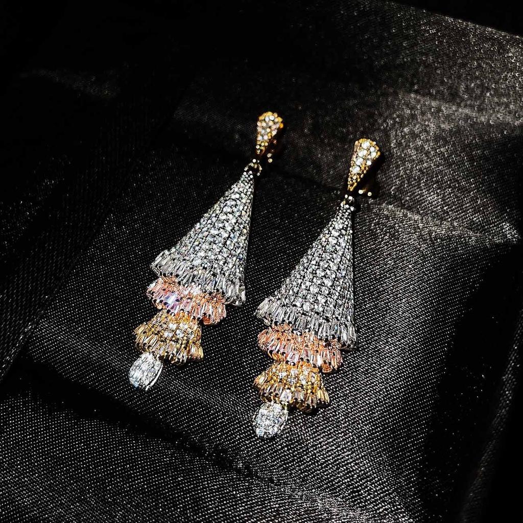 Personality Design Luxury Tricolor Electroplating Stereo Skirt Earrings for Women Girls Shiny Cubic Zirconia Exquisite Jewelry