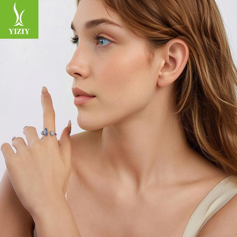 Blue Flower Opening Ring S925 Sterling Silver Flower Jewelry Ring For Women, Adjustable, Simple And Fashionable