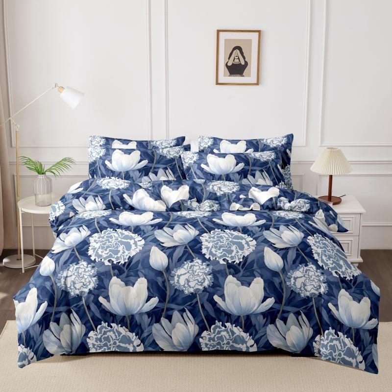Kuup Bequemes Atmungsaktives Bettwäscheset Queen King Size Blumenmuster Flockierung Bettbezug Bettlaken Kissenbezug Bettwäscheset