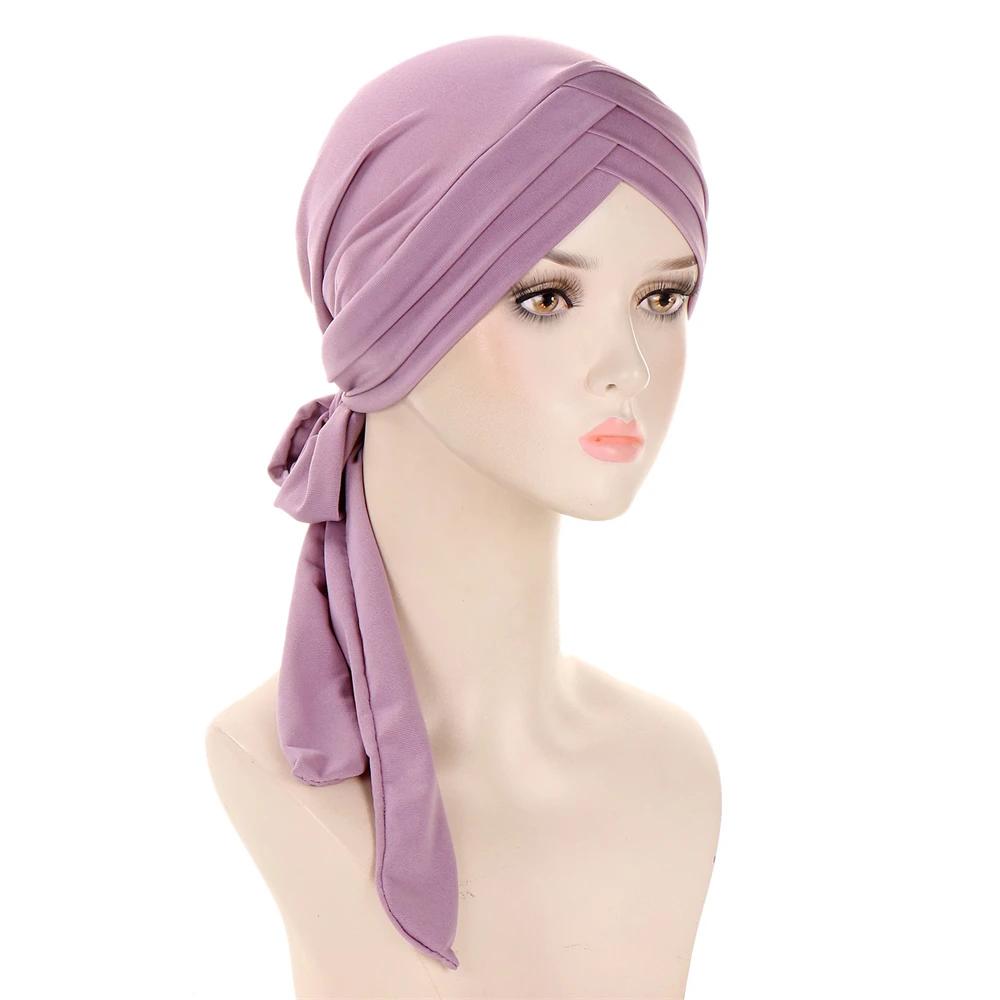 New Muslim Inner Hijab Turban Women Pre-Tied Cap Long Tail Headscarf Wrap Beanies Bonnet Head Scarf Stretch Headwear Ninja Hat