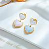 Gold Double Heart Drop Earrings with Iridescent Shell for Women
