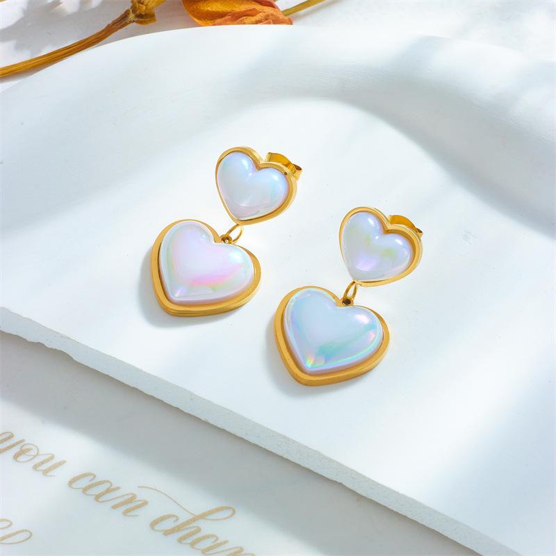 Gold Double Heart Drop Earrings with Iridescent Shell for Women
