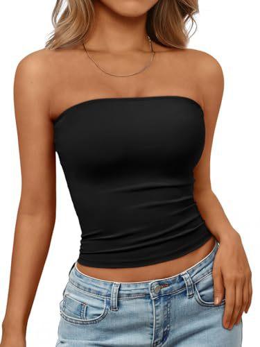 Top a tubino senza maniche da donna, senza spalline, Streetwear, tinta unita, Bustier, vestibilità aderente, elasticizzato, estivo, casual, da indossare tutti i giorni, Canottiera