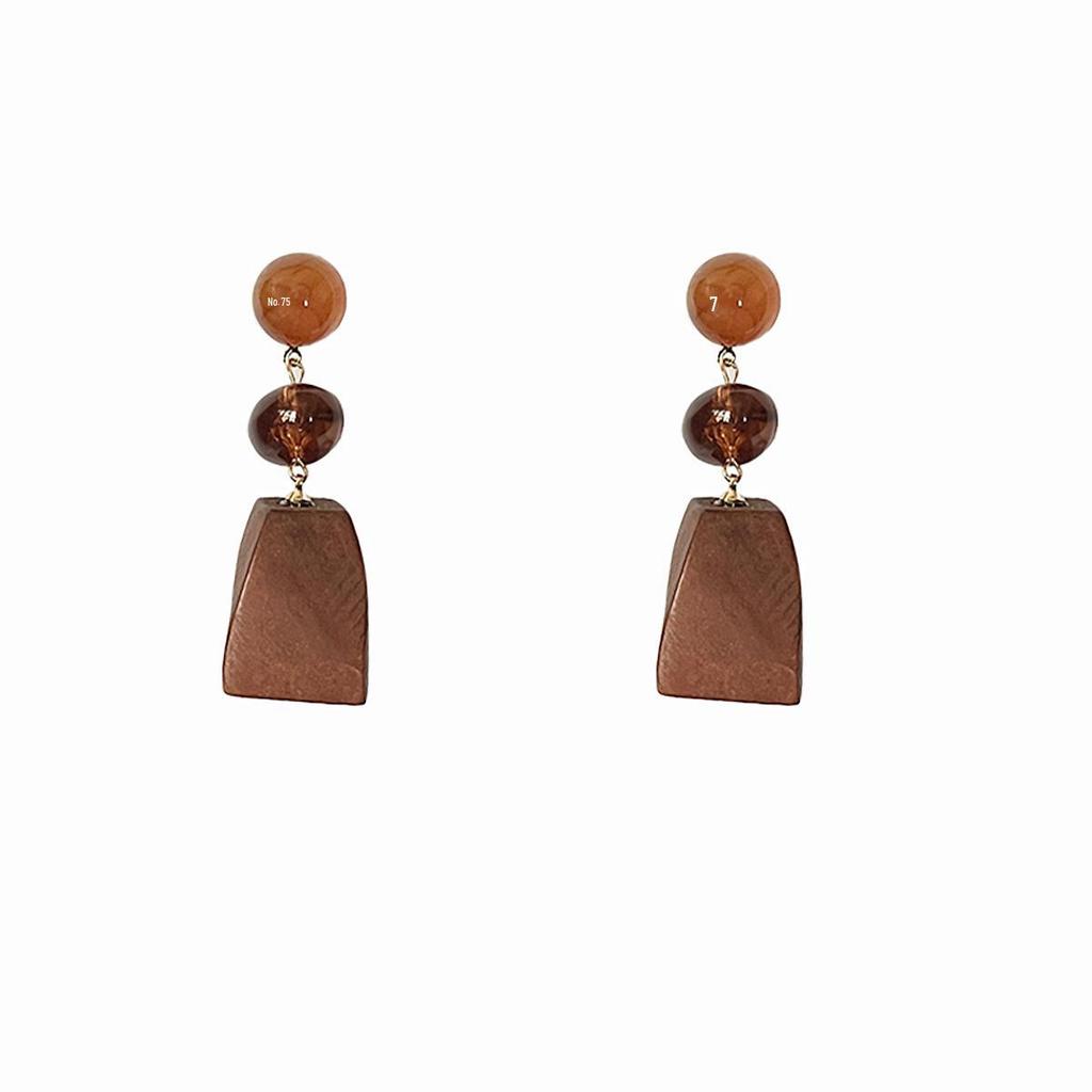 Silver Needle Resin Wood Bead Earrings - Retro Ethnic Style Oval Square Studs, Niche Versatile Jewelry