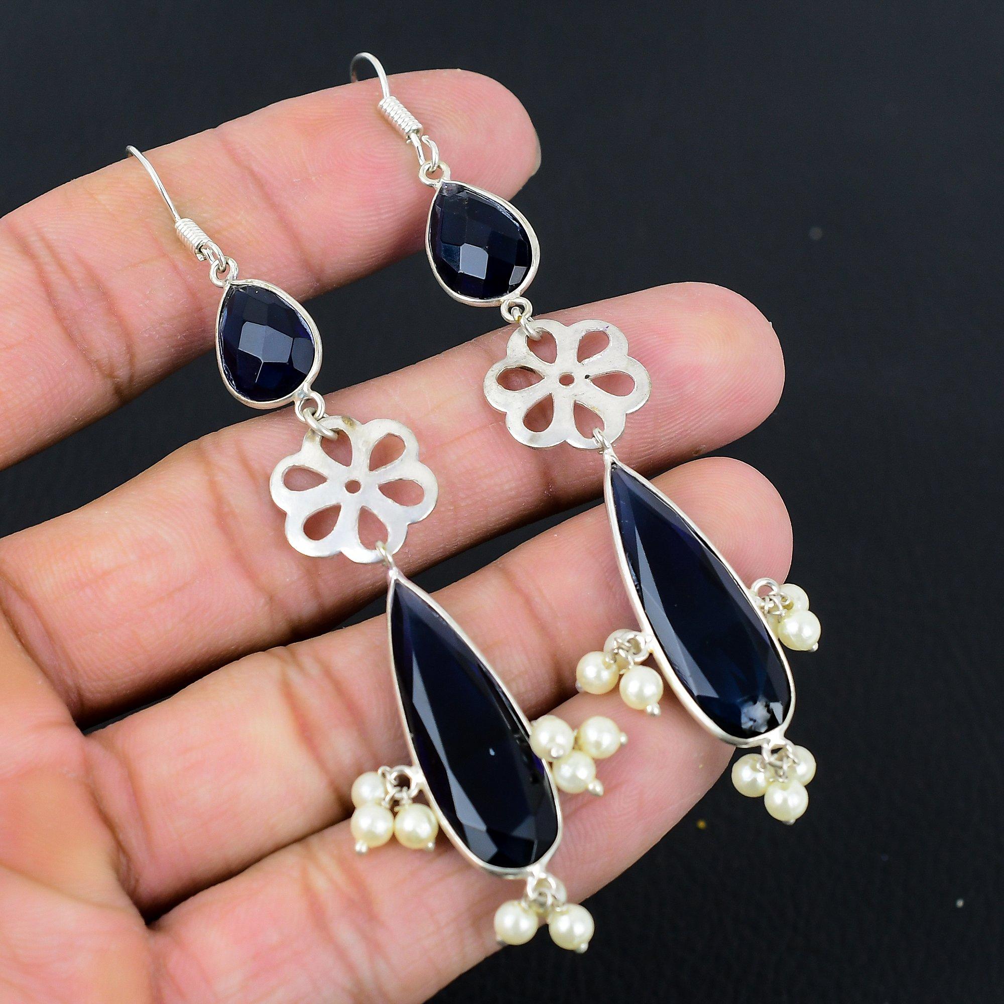 

925 Sterling Silver Natural London Blue Topaz Dangling Wife New Earrings Jewelry