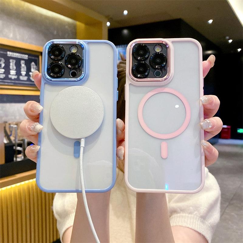 Funda magnética transparente con bisel de color de alta calidad de lujo para iPhone 15 Pro Max 14 Plus 13 12 11 Pro, cubierta completa con cubierta de película para lente