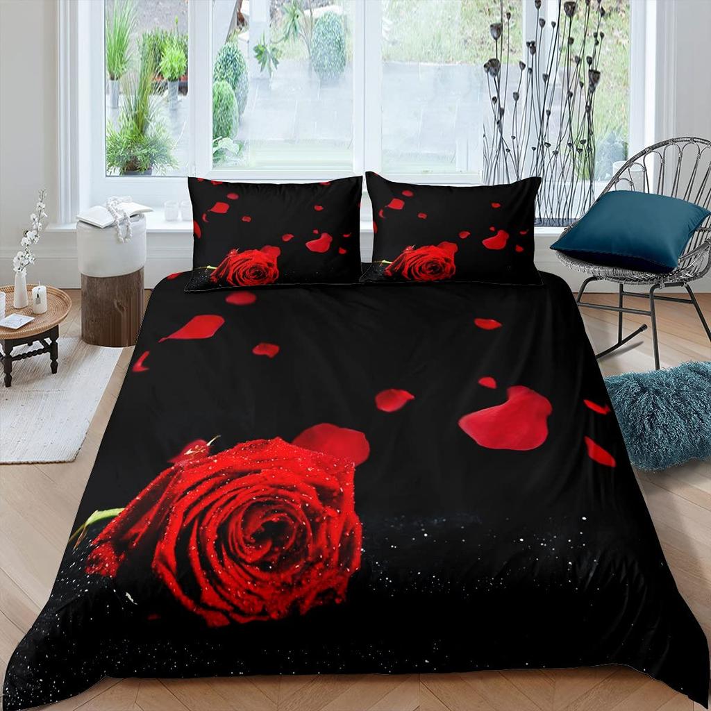 Ensemble Housse de Couette Rose Rouge Ensemble de Literie Imprimé Fleur de Rose Style Romantique Frais Taille King Housse de Couette avec Taies d'Oreiller pour Amoureux