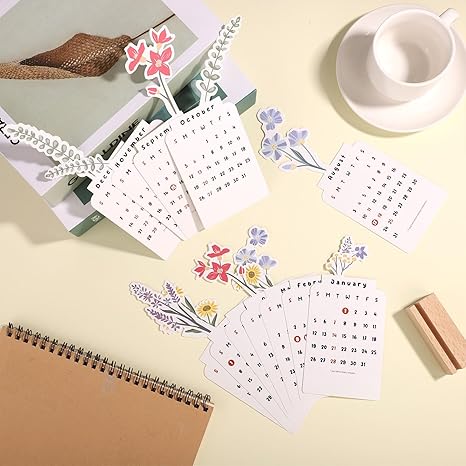 2025 Flower Vase Calendar Creative Flower Desk Calendar with Wooden Base Bloomy Flower Mini Desk Calendar for Office