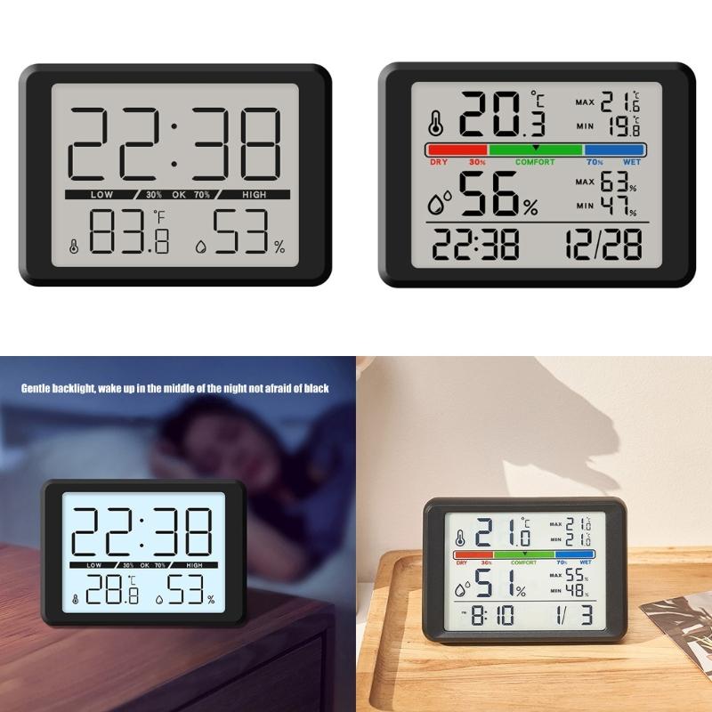 Magnetische Hänge-Digitaluhr mit Innenraumtemperatur- und Luftfeuchtigkeitsanzeige Großer LCD-Bildschirm für Schreibtisch, Wand, Kühlschrank