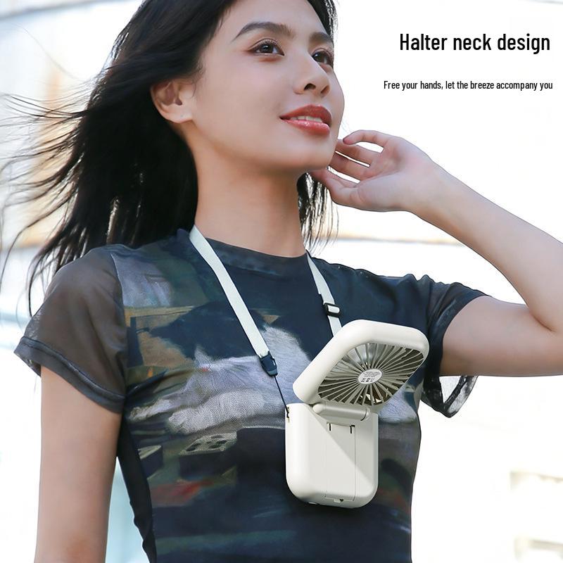 Neck-Hanging Portable USB Fan with Ice Pack, Desktop Stand, Makeup Mirror, and Folding Design