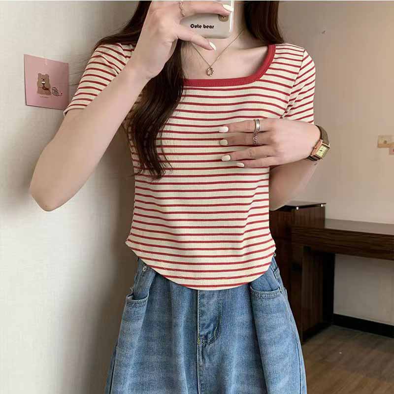 Tricou cu mânecă scurtă coreeană cu decolteu în U Cămașă ocazională de modă Topuri Tricou pentru femei Tricou cu dungi de culoare solidă