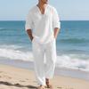 Conjunto de Linho Masculino: Conjunto Esportivo Casual para Praia, Gola V, Corte Amplo, Manga Longa