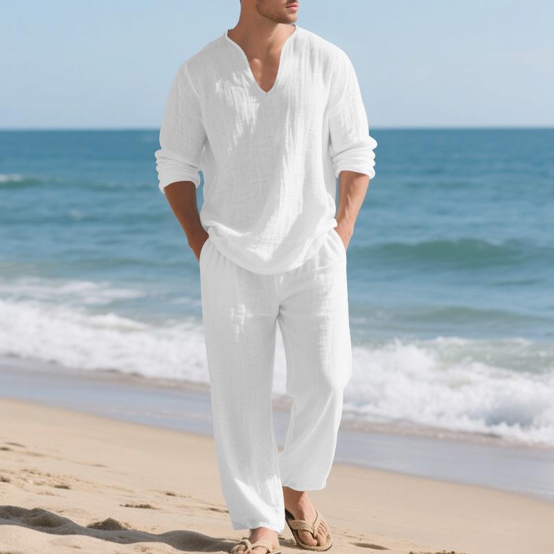 Conjunto de Linho Masculino: Conjunto Esportivo Casual para Praia, Gola V, Corte Amplo, Manga Longa