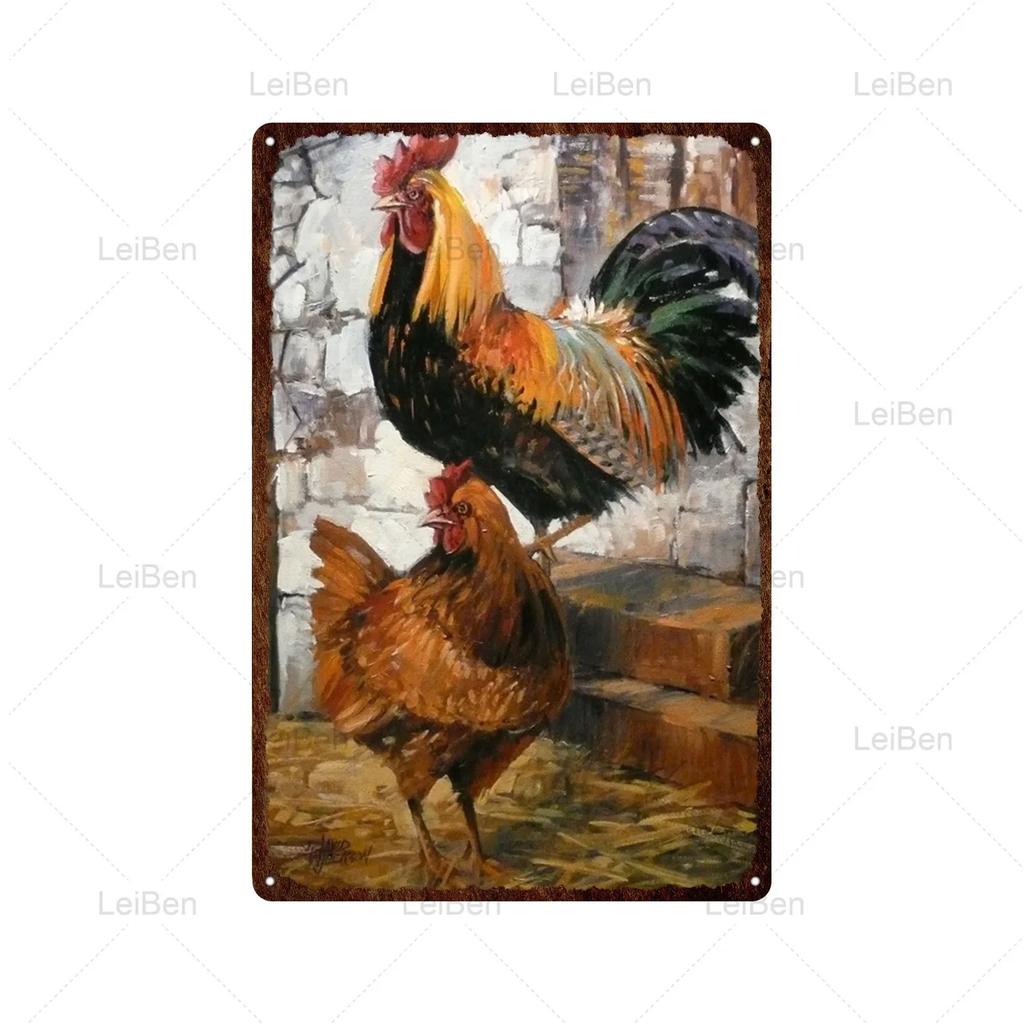 Kyckling Vintage Metallplåtskyltar Kyckling Tupp Höna Ägg Gård Staket Skylt Retro Plakett Dekorativ Plåt för Gårdstallrik Heminredning
