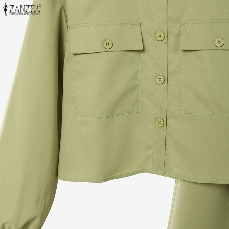 ZANZEA Women Two Piece Outfit Solid Color Button Down Long Sleeve Shirt and A Line Midi Skirt Sets