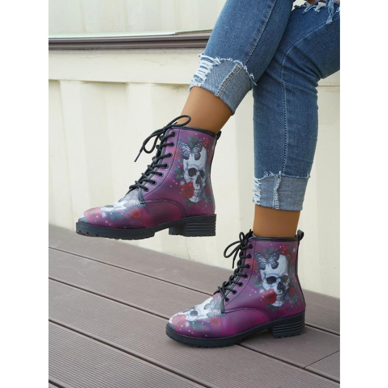 2024 Nouvelles Bottines pour Femmes Chaussures à Talons Bas Bottes Moto Tête de Mort Rétro en Cuir PU Automne et Hiver Chaudes Hautes Neige