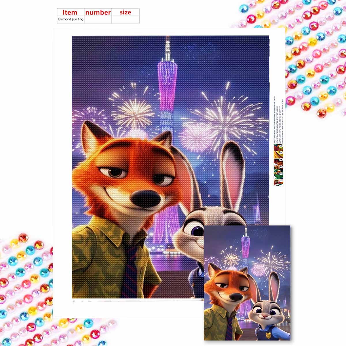 

Алмазная мозаика Красочная алмазная живопись Ник и полицейский кролик Джуди Полная круглая вышивка Мультяшные креативные хобби Настенный декор Round 20x30cm