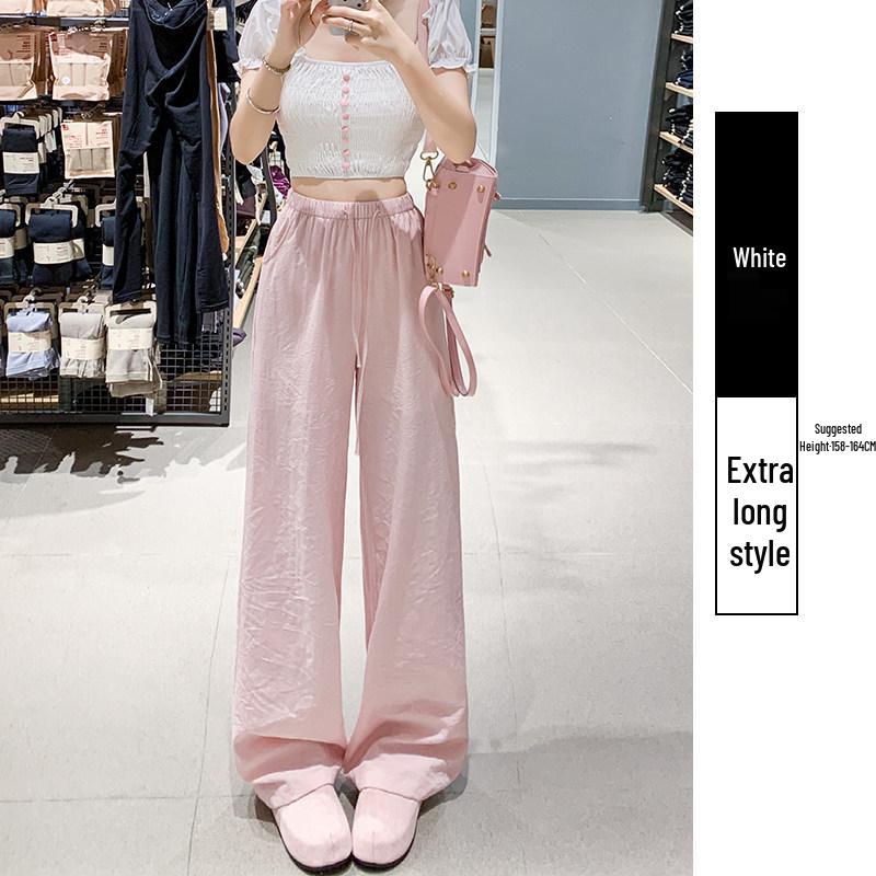 Women's White Linen High-Waisted Wide-Leg Pants - Spring Style, Drapey, Sun Protection, Cotton-Blend Casuals