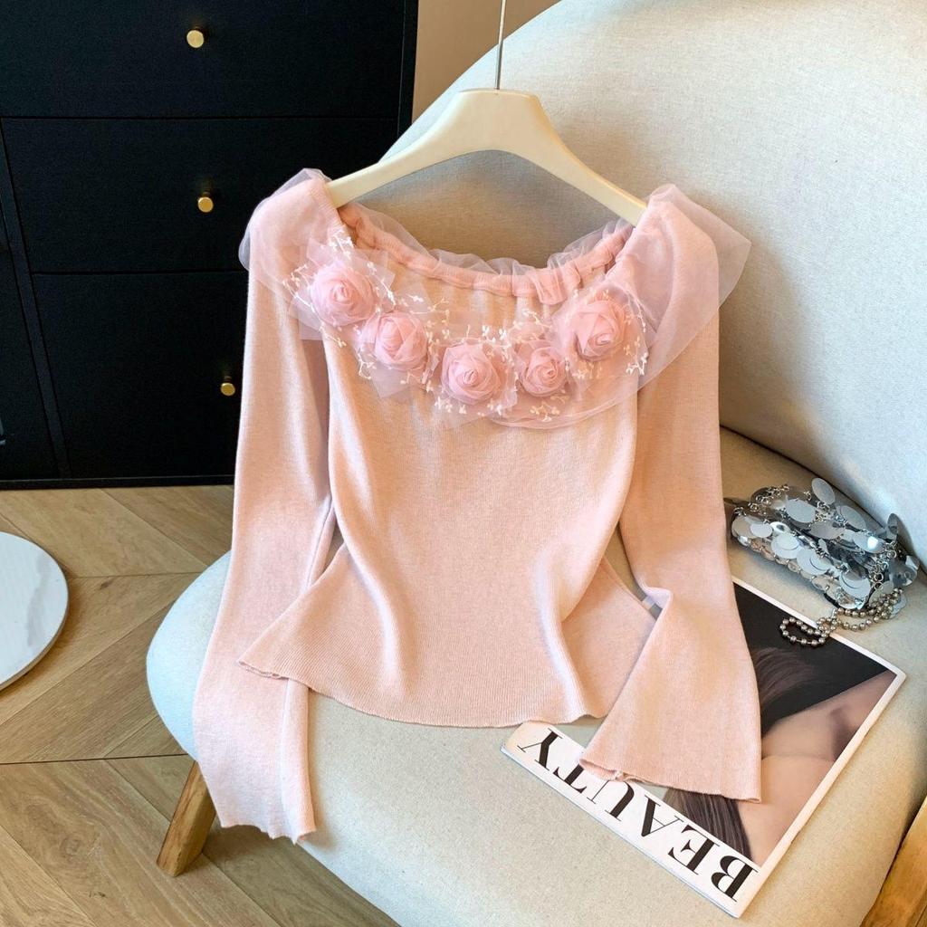 Chic Romantic 3D Floral One-Shoulder Long-Sleeve Knitted Top for Women