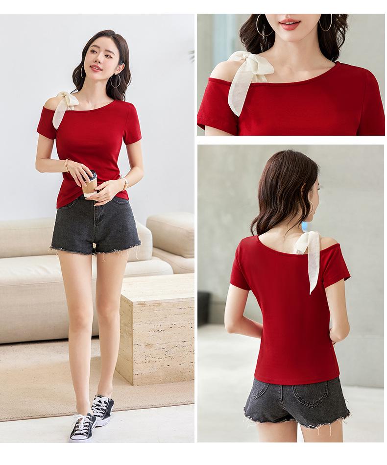 2025 Korean Style One-Shoulder Tie-Up Short-Sleeve Slimming Cotton Women's Top