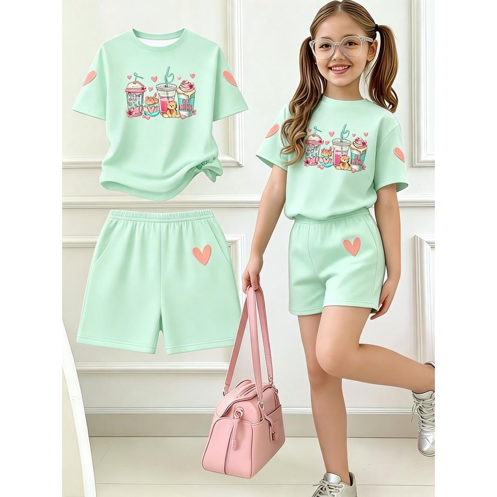 2026 Girls Fashionable Shorts Set Sweet Milk Tea Heart Print Round-neck 2pcs T-shirt Summer Casual Kids Outdoor Outfit