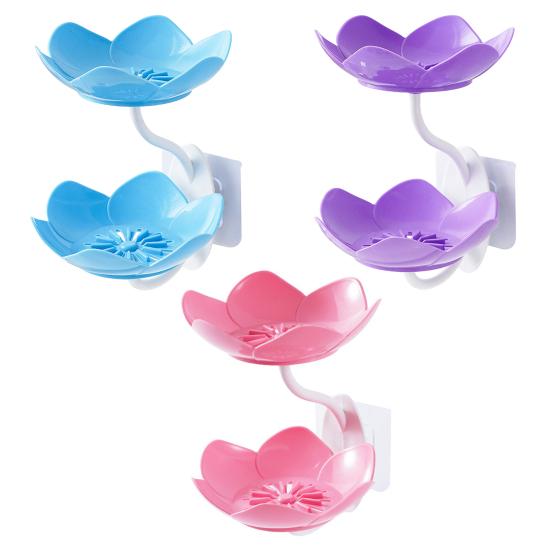 3Pcs Wall Mount Lotus Soap Dish Double Layers Quick Drain No Drill