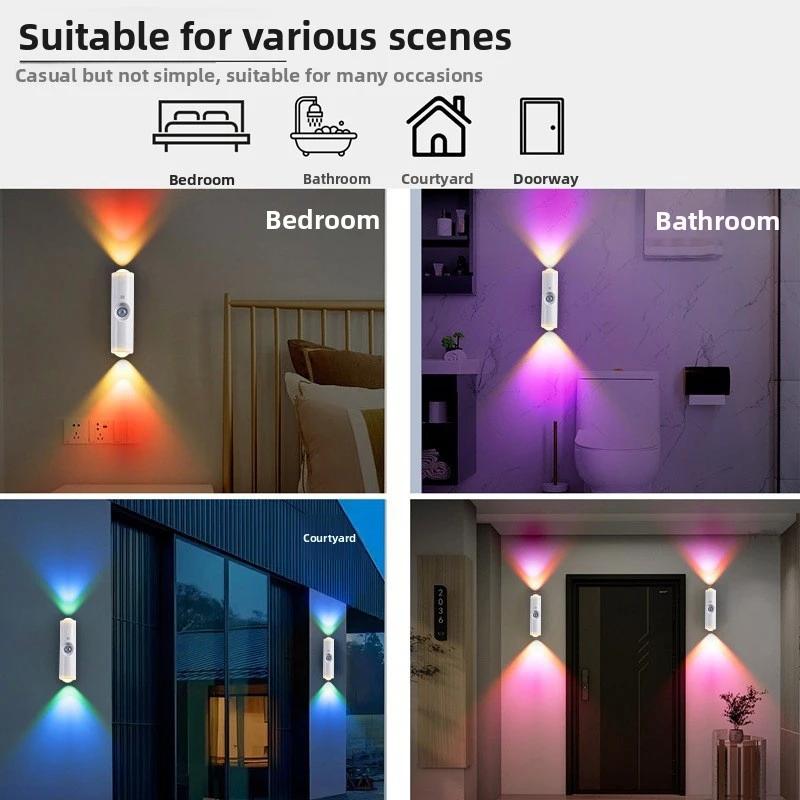 RGB Motion Sensor LED Night Light Double Head Rechargeable Magnetic Wall Lamp for Stair Hallway Cabinet Closet Wardrobe