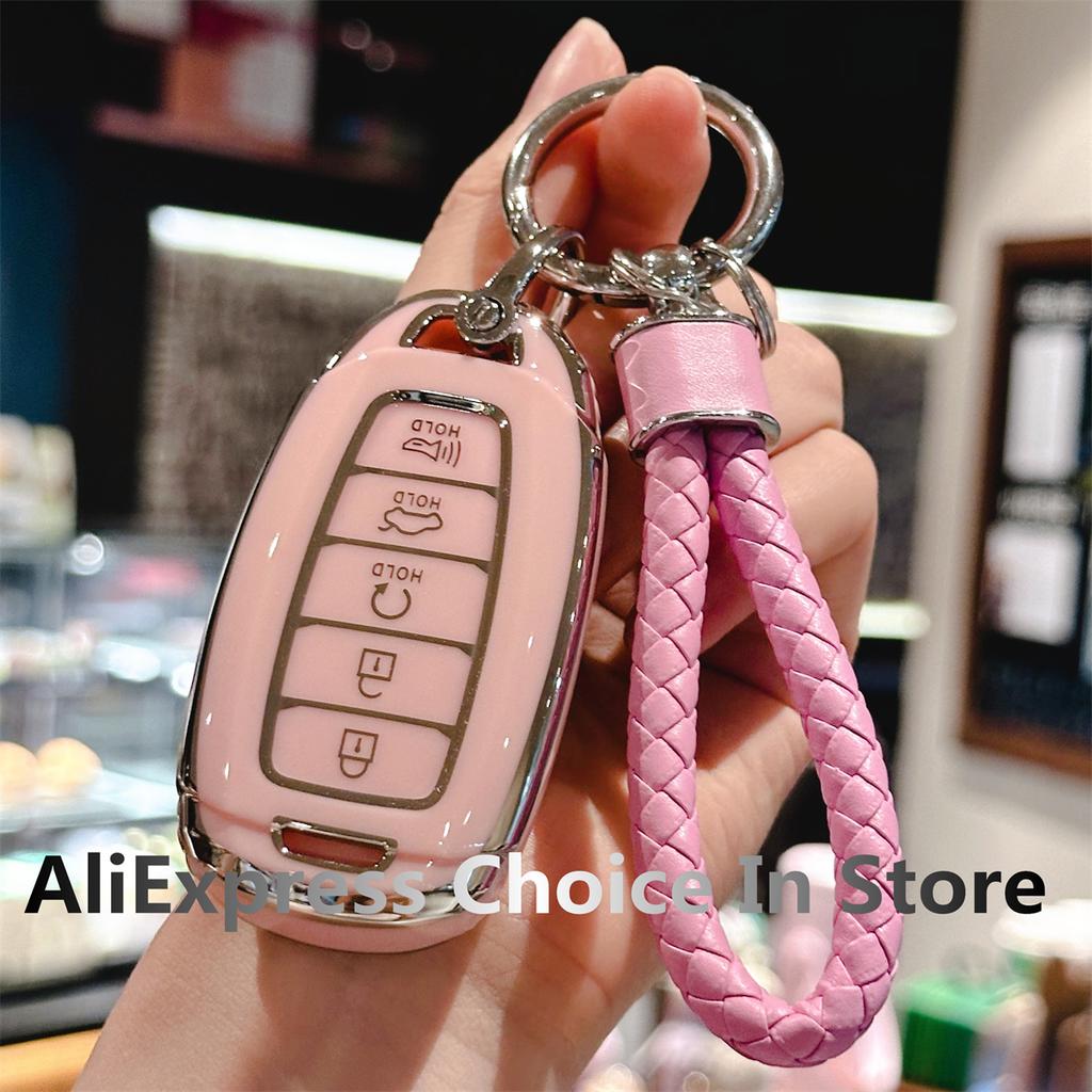 Premium Soft TPU Key Fob Cover with Keychain for Hyundai Palisade 2023 Elantra GT Santa Fe 5 Buttons Car Accessories