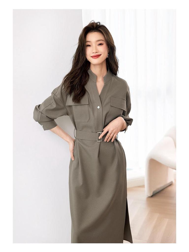 2025 Autumn V-neck Waist-Cinching Slimming Shirt Dress for Women