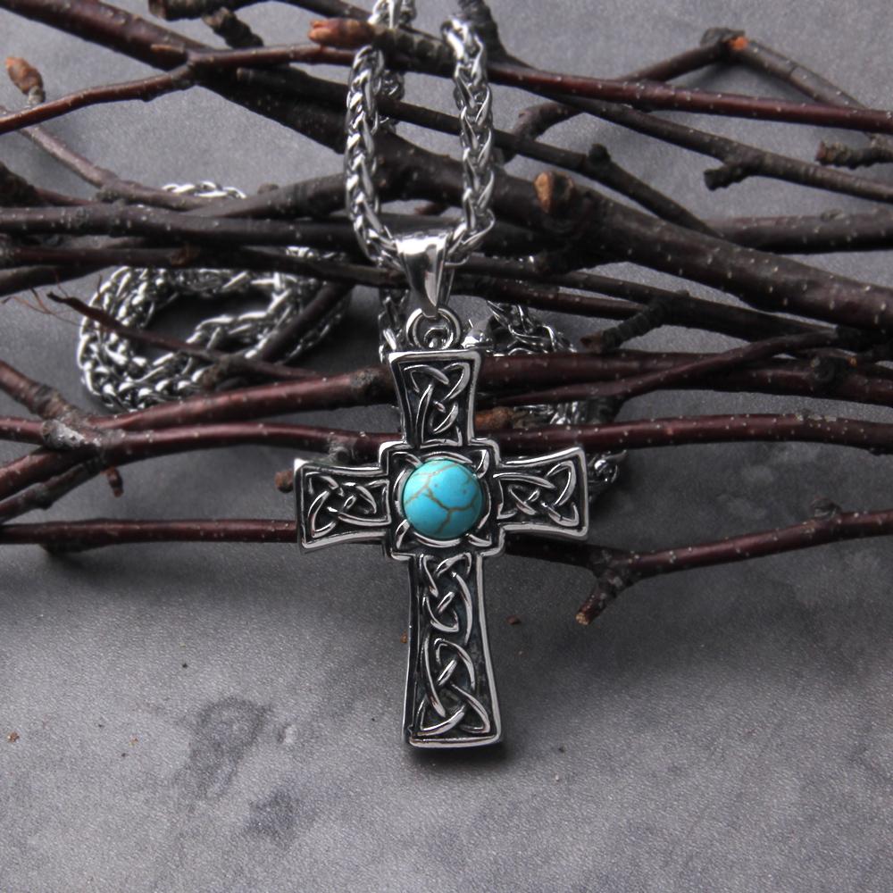 stainless steel Valknut Celtic cross pendant mens viking jewelry with stone and wooden box gift for men