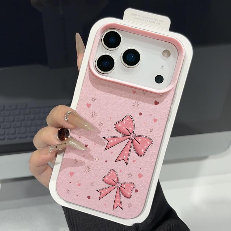 Leather Texture TPU Phone Case For iPhone 17 17e 16e 16 15 Pro Max 14 13 Pro Max 11 Pink Bowknot Print Soft Silicone Back Cover