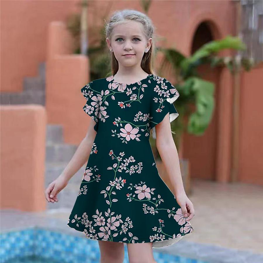 Dívčí šaty s potiskem oranžových květů Dětské Dívčí společenské šaty Volný střih Volný střih sukně s krátkým rukávem pro dívky starší čtyř let
