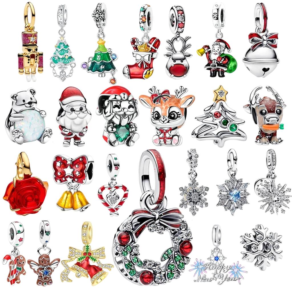 Christmas 925 Silver Charms Santa Claus Reindeer Earrings Beads fit Necklace Bracelets DIY Fine Jewelry Party Gift