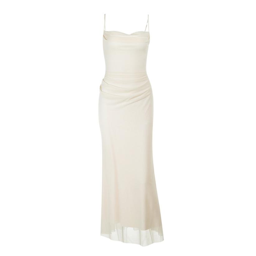 Sexy Celebrity Solid Color Waist Pleated Swing Neck Mesh Splicing Suspender Dress Women's Summer Slim Hip Wrap Dress