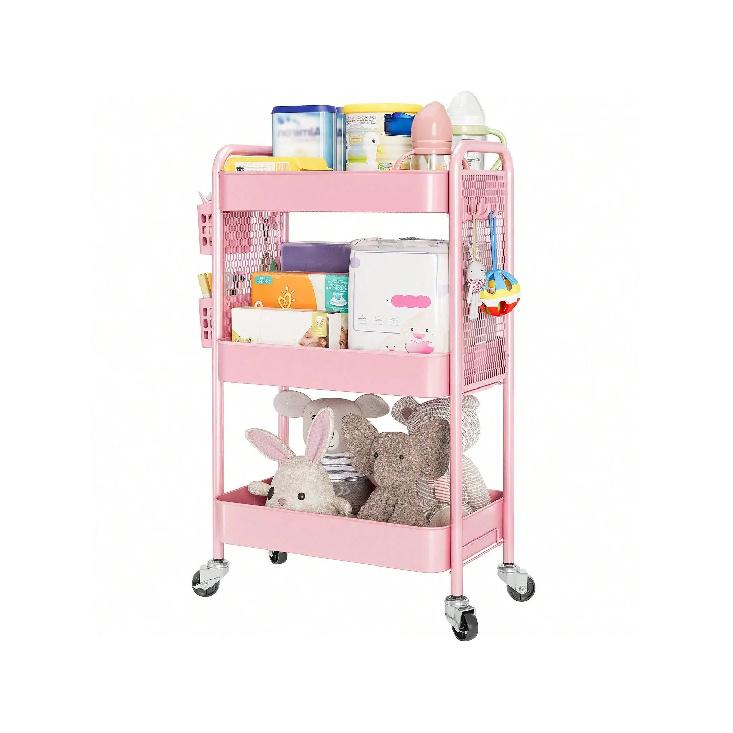 Rolling Carts With Wheels, 3 Tier Rolling Utility Cart, Metal Storage Organizer With Pegboard Hooks Bins For Bathroom Kitc