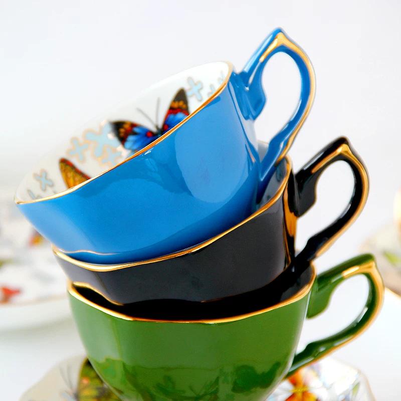 Vintage Butterfly Bone China Coffee Cup Saucer Set, Colorful Ceramic Tea Cup with Gold Rim, Elegant Porcelain Latte Mug for Afternoon Tea Home Decor