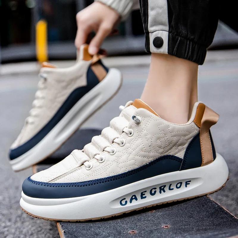 Fashion Men's Vulcanized Shoes Genuine Leather Casual Shoes Luxury Men's Flat Shoes Men's Non-slip Thick-soled Sneakers Tenis De Hombre