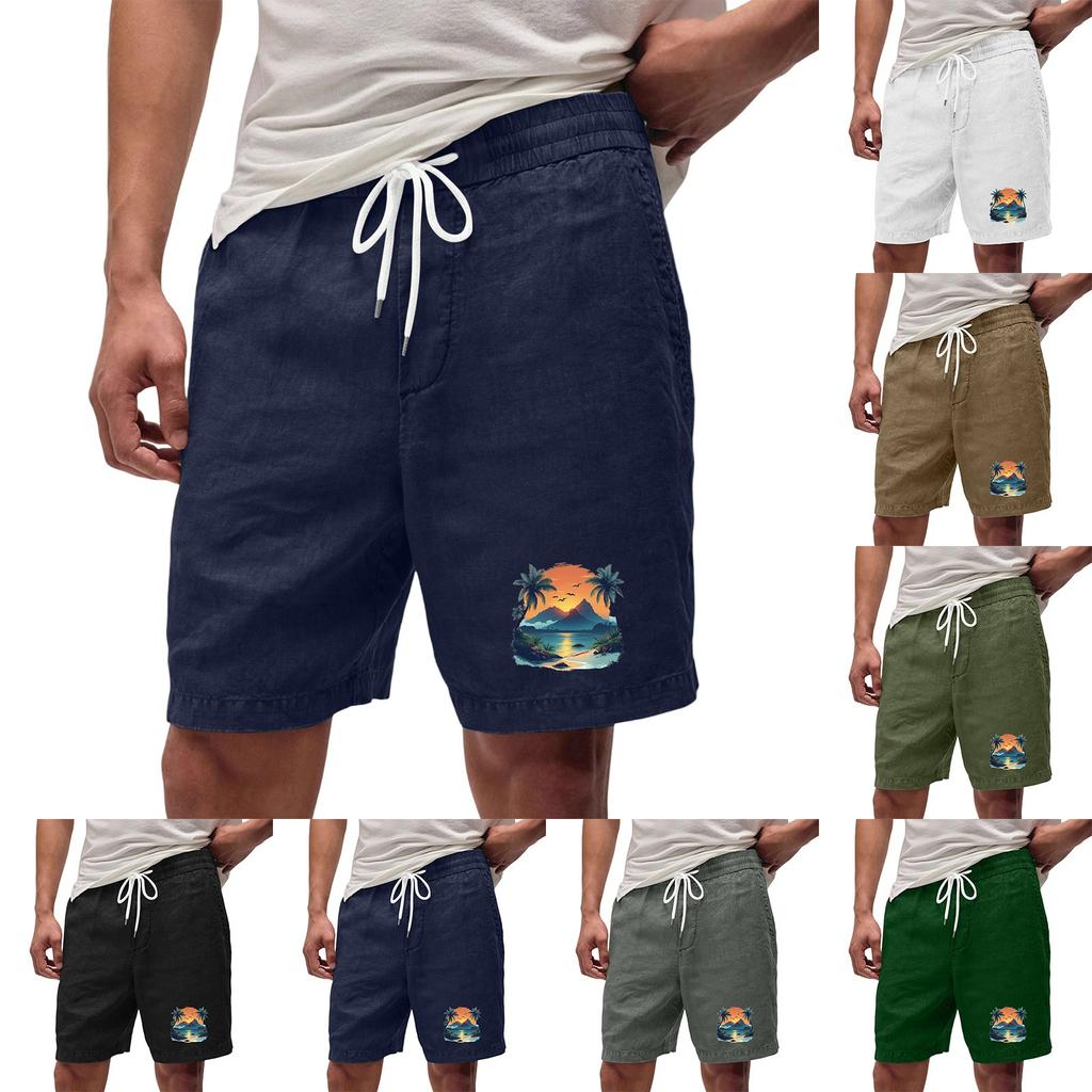 Men’s Casual Loose Fit Drawstring Waist Shorts with Hawaiian Beach Print Relaxed Linen Blend Summer Athletic Pants
