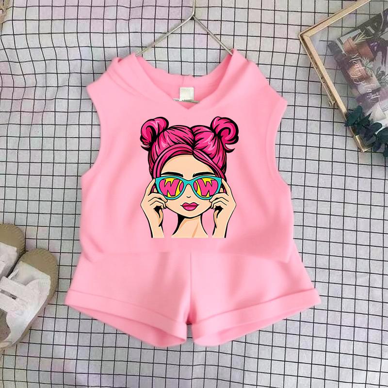 Girls Cotton Cartoon Print Tank Top And Shorts Set Fashionable Summer Two Piece Outfit For Kids