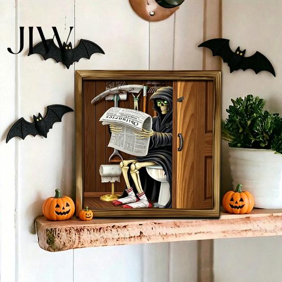 Moisture Proof Wall Murals Halloween Skeleton Art, Funny Bathroom Toilet Decal with Ghost Clown, Niche Creative Decorations 2D Wooden Art Sign, Spooky