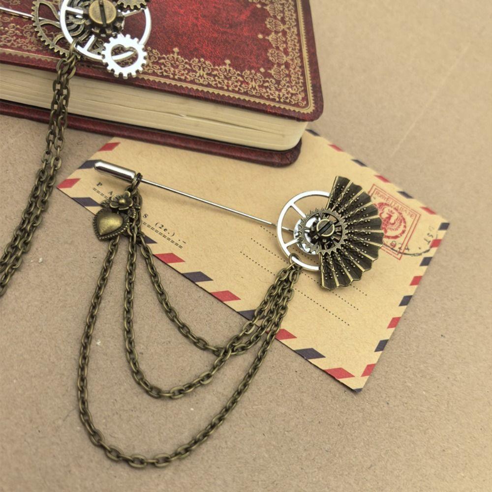 Metal Chain Steampunk Gear Lapel Pin Gothic Collar Pin Vintage Brooches  Shirt Decoration